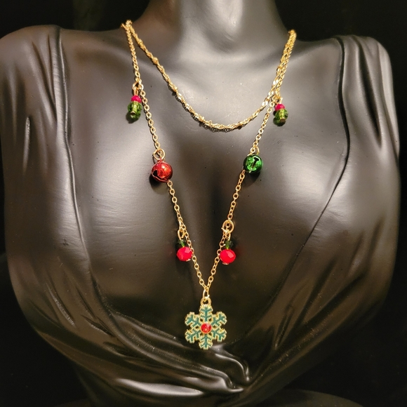 2/$20 X-Mas Snowflake & Bells Dangle Necklace - Picture 2 of 5